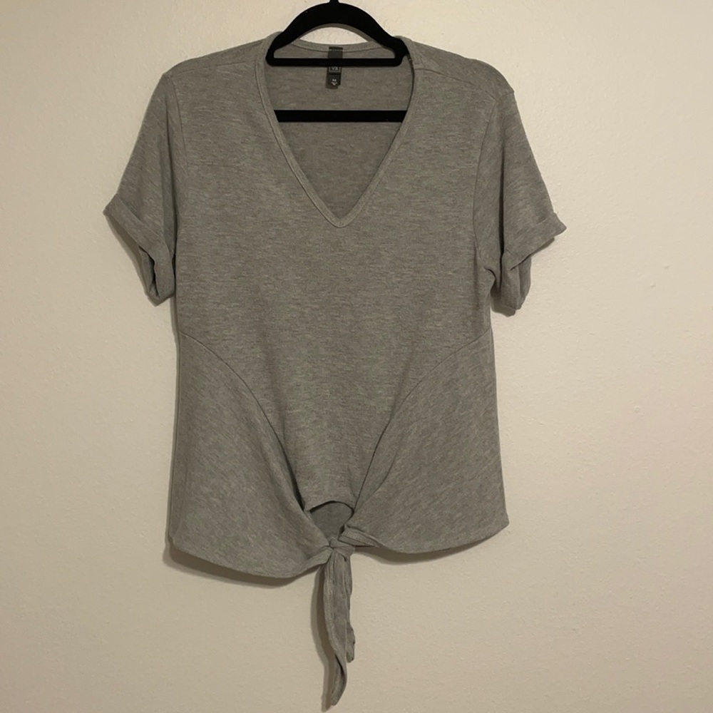 AlYa Grey Cuffed Short Sleeve Tie Top